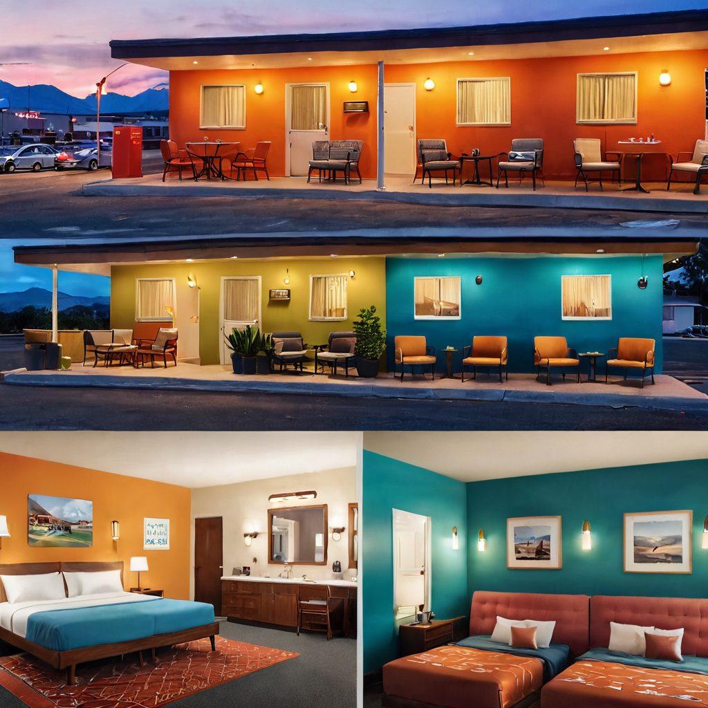 A split scene showcasing the evolution of budget accommodations: on one side, a cozy family motel with welcoming signs and vintage decor, and on the other, a modern business hotel with sleek architecture and a professional atmosphere. Incorporate elements like family members enjoying their stay vs. business travelers working on laptops. The background merges both environments into a seamless transition. vibrant colors. super-realistic.
