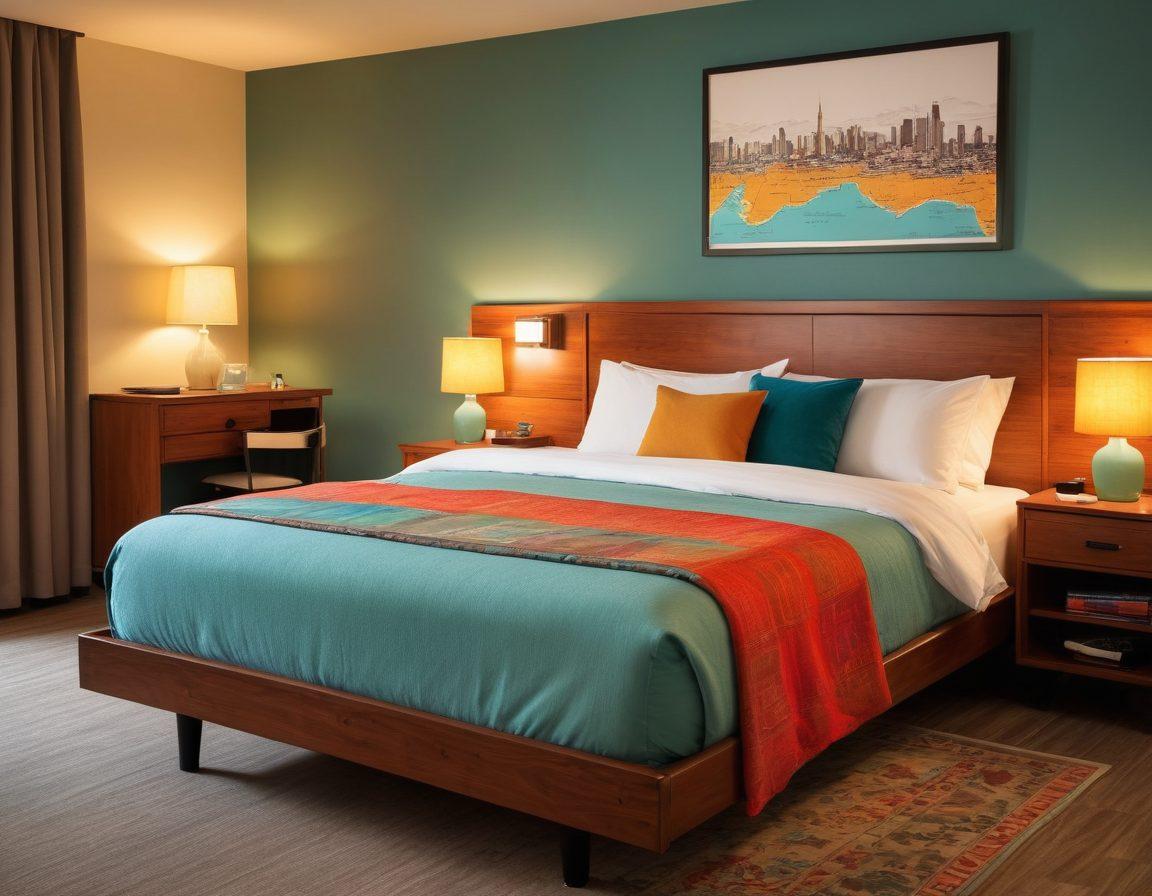 A cozy, inviting motel room featuring a neatly made bed, soft lighting, and budget-friendly decor. Include colorful travel accessories like a map and suitcase on a nearby table. Incorporate a calm and welcoming atmosphere that highlights affordable comfort. Modern design elements and warm tones should enhance the sense of value and relaxation. super-realistic. vibrant colors.