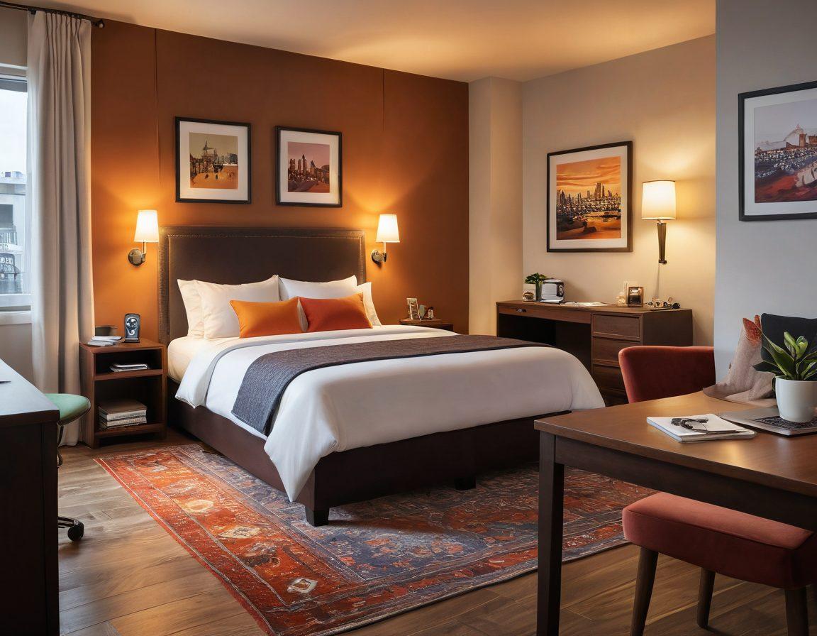 A cozy yet stylish budget hotel room showcasing smart design, featuring a plush bed, warm lighting, and colorful decor. Include a small desk with a laptop, a cup of coffee, and travel guides scattered around. In the background, illustrations of iconic budget travel destinations. inviting atmosphere with accessible comforts. super-realistic. warm colors. cozy ambiance.